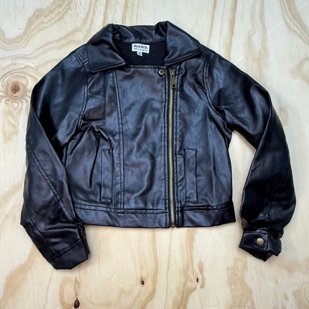 Blueberi Boulevard Girls Black Faux Leather Moto Jacket Size 10 Cropped Gold Zip